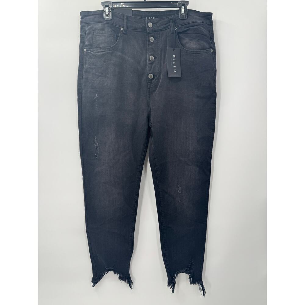 NWT Risen Women's Black Mid Rise Button Fly Raw‎ Hem Denim Skinny Jeans Size 2XL